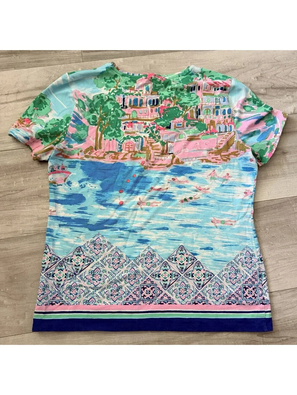 Talbots Cotton/Spandex Lake Como Destination Print Short Sleeve T-Shirt Size MED - Picture 5 of 5